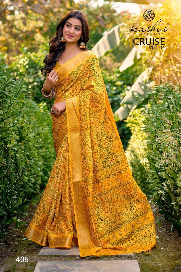 KASHVI CREATION PRESENTS CRUISE VOL-4 WHOLESALE MARSHOMELLO SILK PRETTY LOOK INDIAN SAREES FOR WOMEN CATALOG WHOLESALER AND EXPORTER 