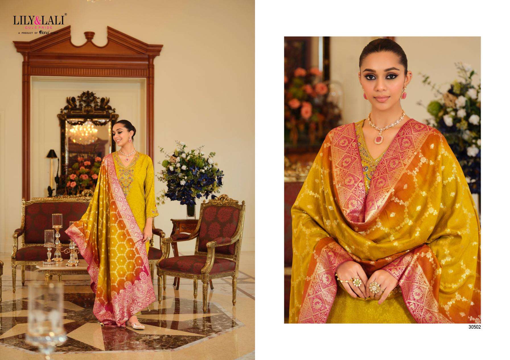 Lily & Lali Presents Natalie Jacquard Chinon Silk Fully Stitch Party Wear Plazzo Salwar Suits Catalog Wholesaler And Exporter 