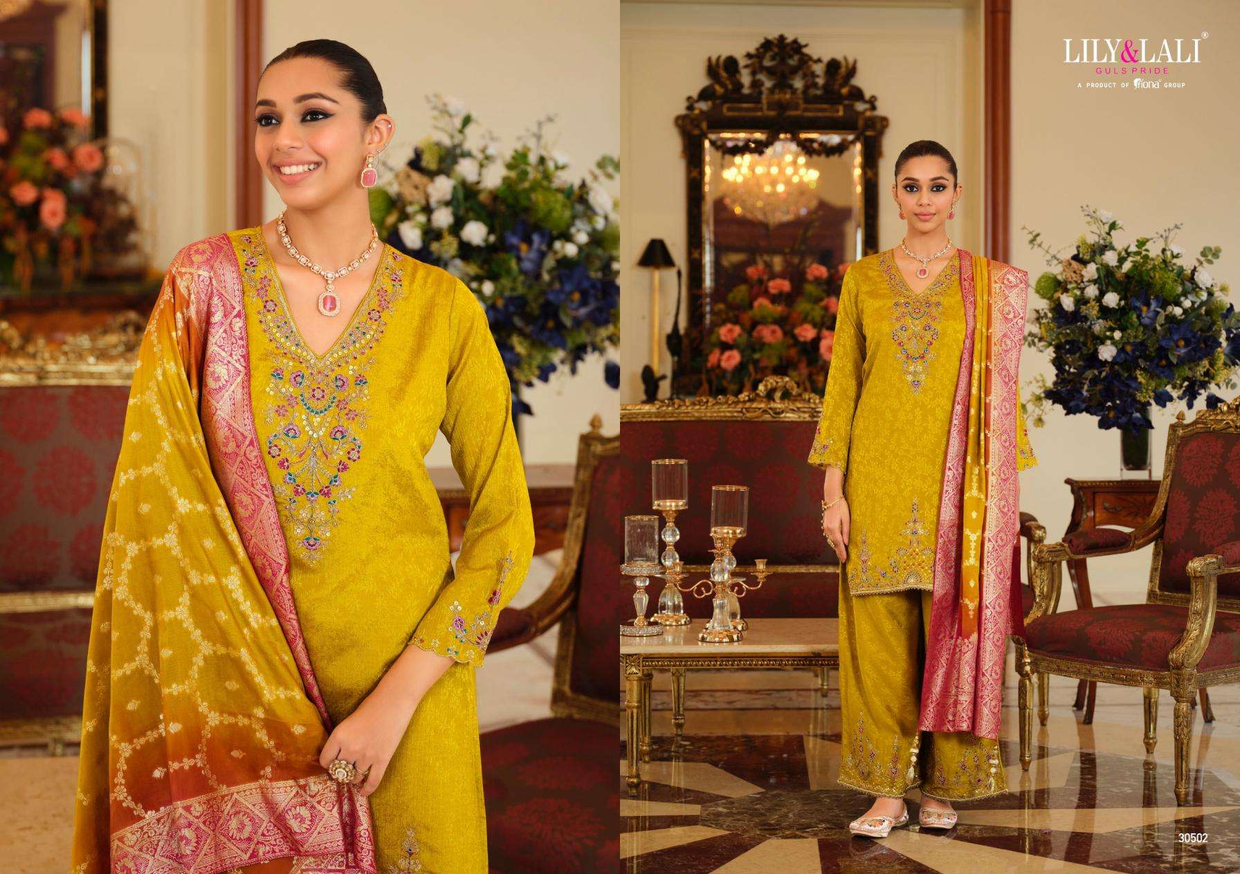 Lily & Lali Presents Natalie Jacquard Chinon Silk Fully Stitch Party Wear Plazzo Salwar Suits Catalog Wholesaler And Exporter 