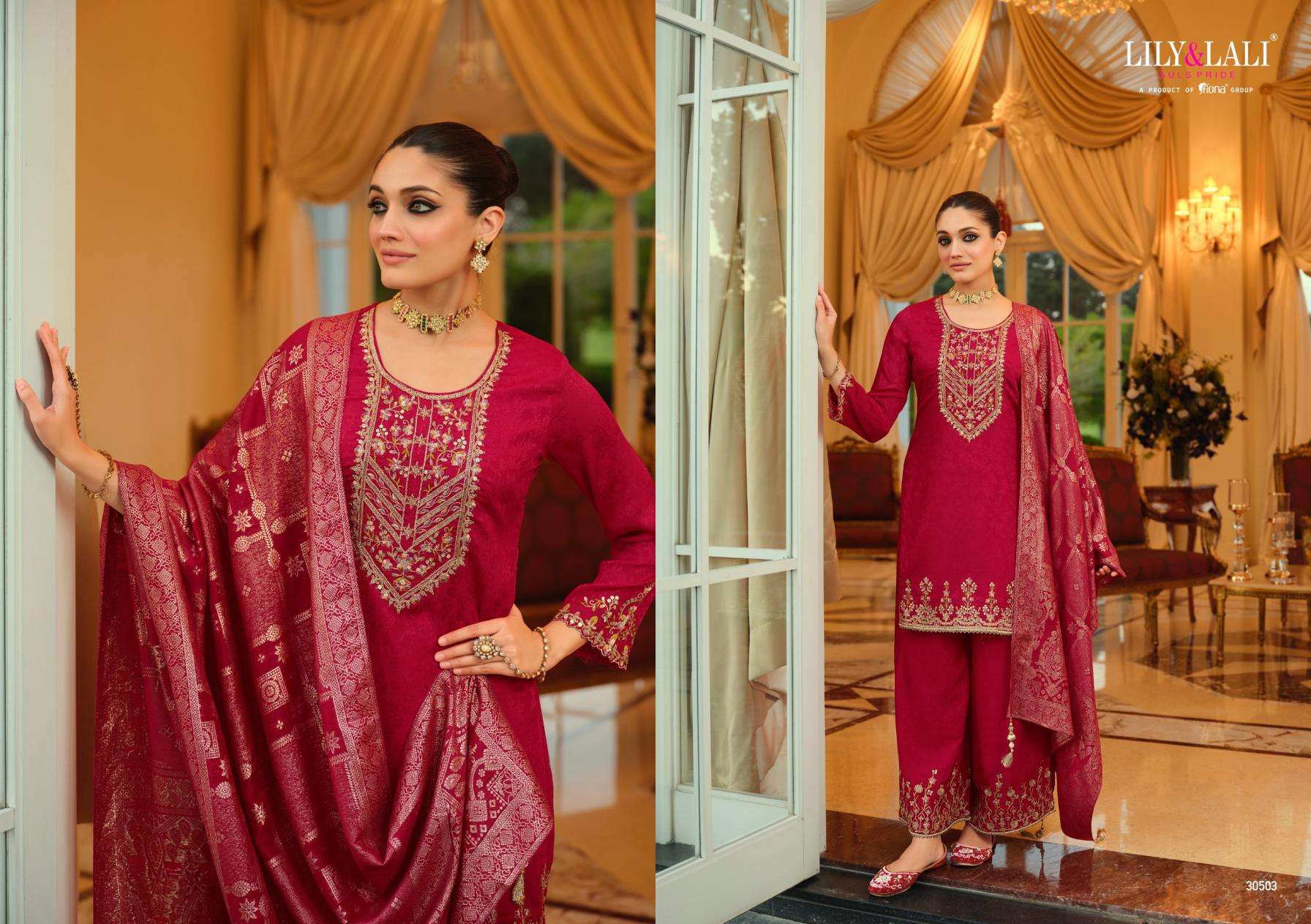 Lily & Lali Presents Natalie Jacquard Chinon Silk Fully Stitch Party Wear Plazzo Salwar Suits Catalog Wholesaler And Exporter 