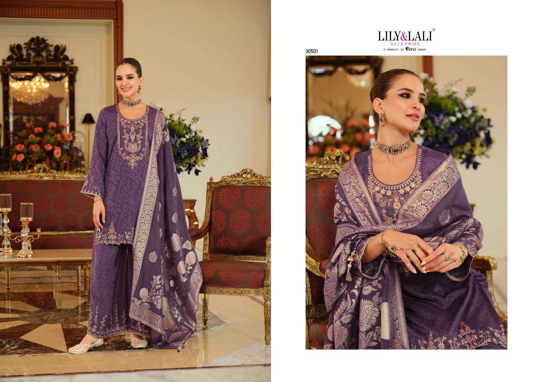 Lily & Lali Presents Natalie Jacquard Chinon Silk Fully Stitch Party Wear Plazzo Salwar Suits Catalog Wholesaler And Exporter 