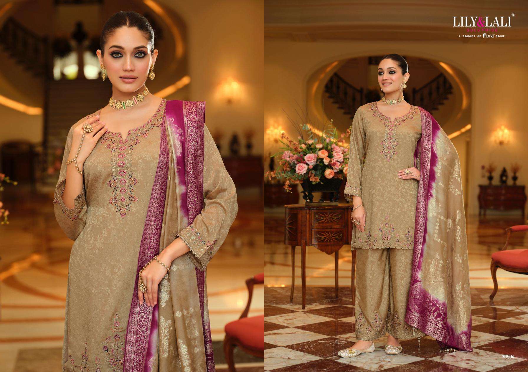Lily & Lali Presents Natalie Jacquard Chinon Silk Fully Stitch Party Wear Plazzo Salwar Suits Catalog Wholesaler And Exporter 