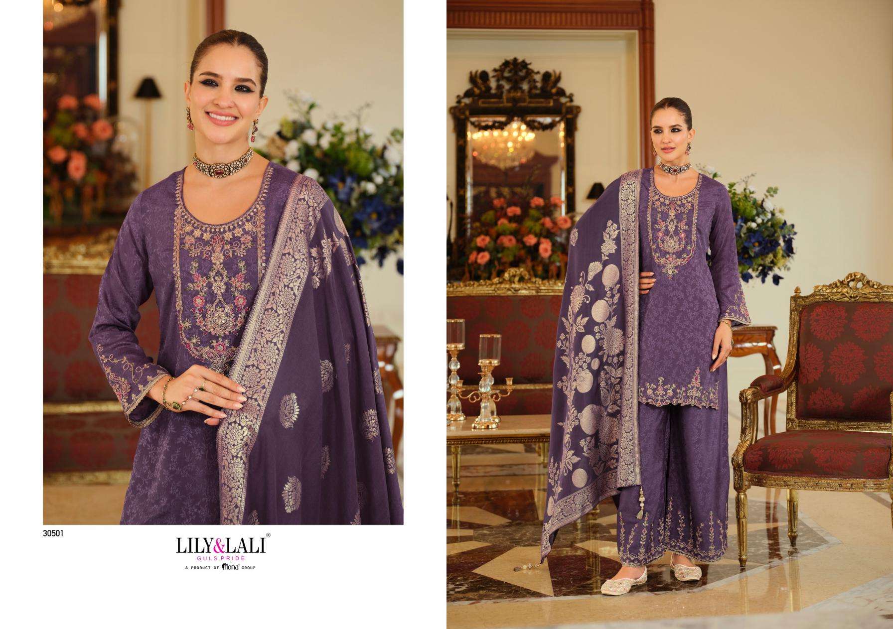 Lily & Lali Presents Natalie Jacquard Chinon Silk Fully Stitch Party Wear Plazzo Salwar Suits Catalog Wholesaler And Exporter 