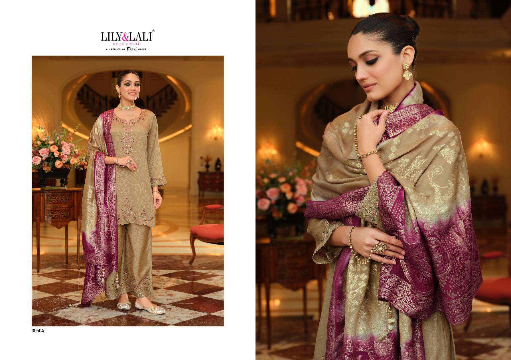 Lily & Lali Presents Natalie Jacquard Chinon Silk Fully Stitch Party Wear Plazzo Salwar Suits Catalog Wholesaler And Exporter 