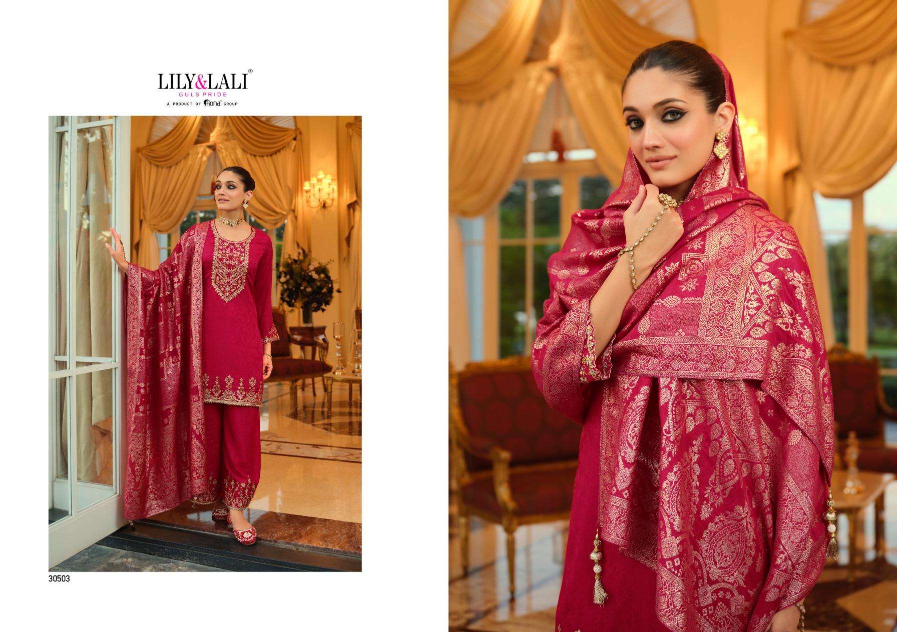Lily & Lali Presents Natalie Jacquard Chinon Silk Fully Stitch Party Wear Plazzo Salwar Suits Catalog Wholesaler And Exporter 