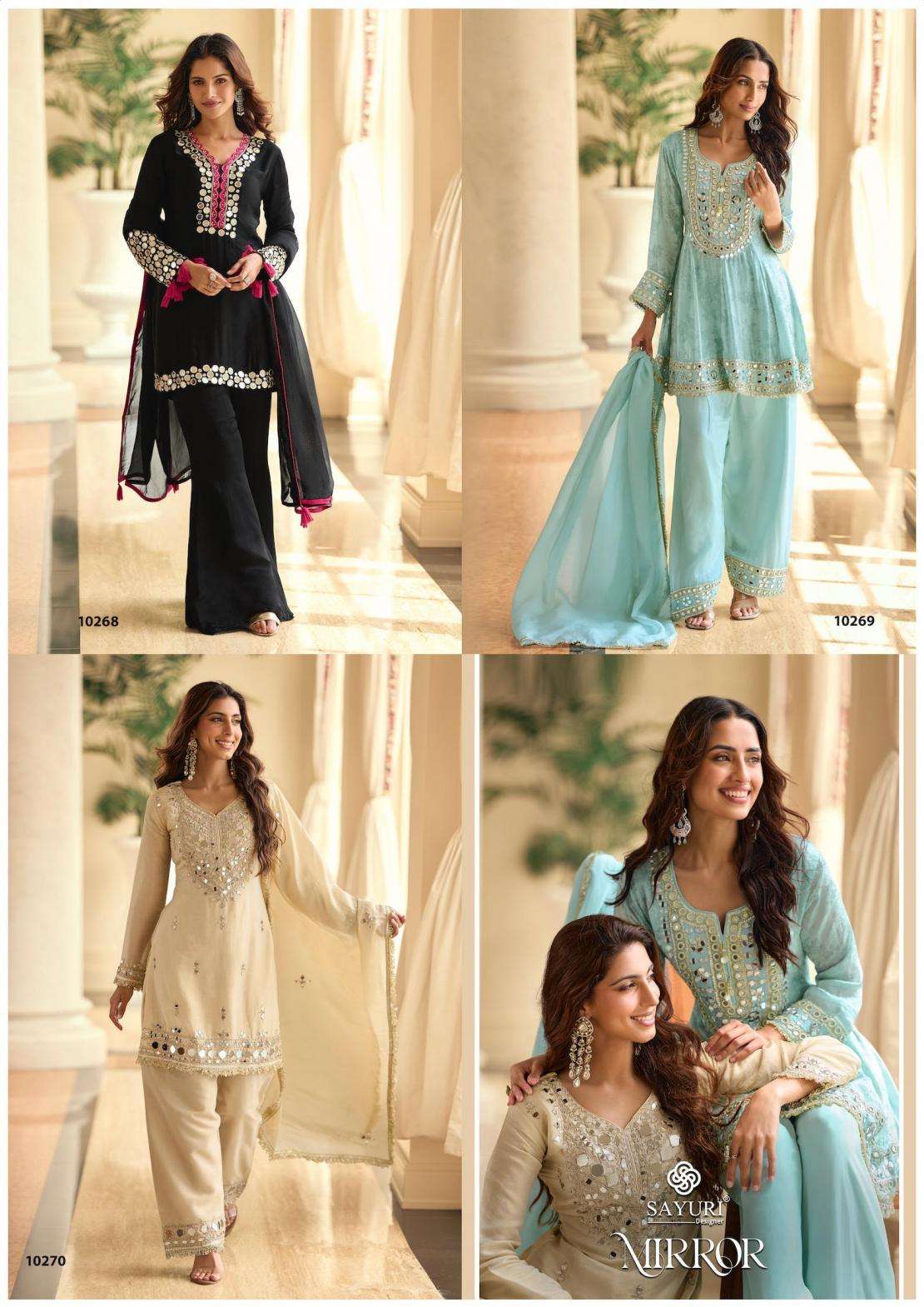 Sayuri Designer Presents Mirror Simar Silk Readymade Premium Plazzo Salwar Suits Catalog Wholesaler And Exporter 