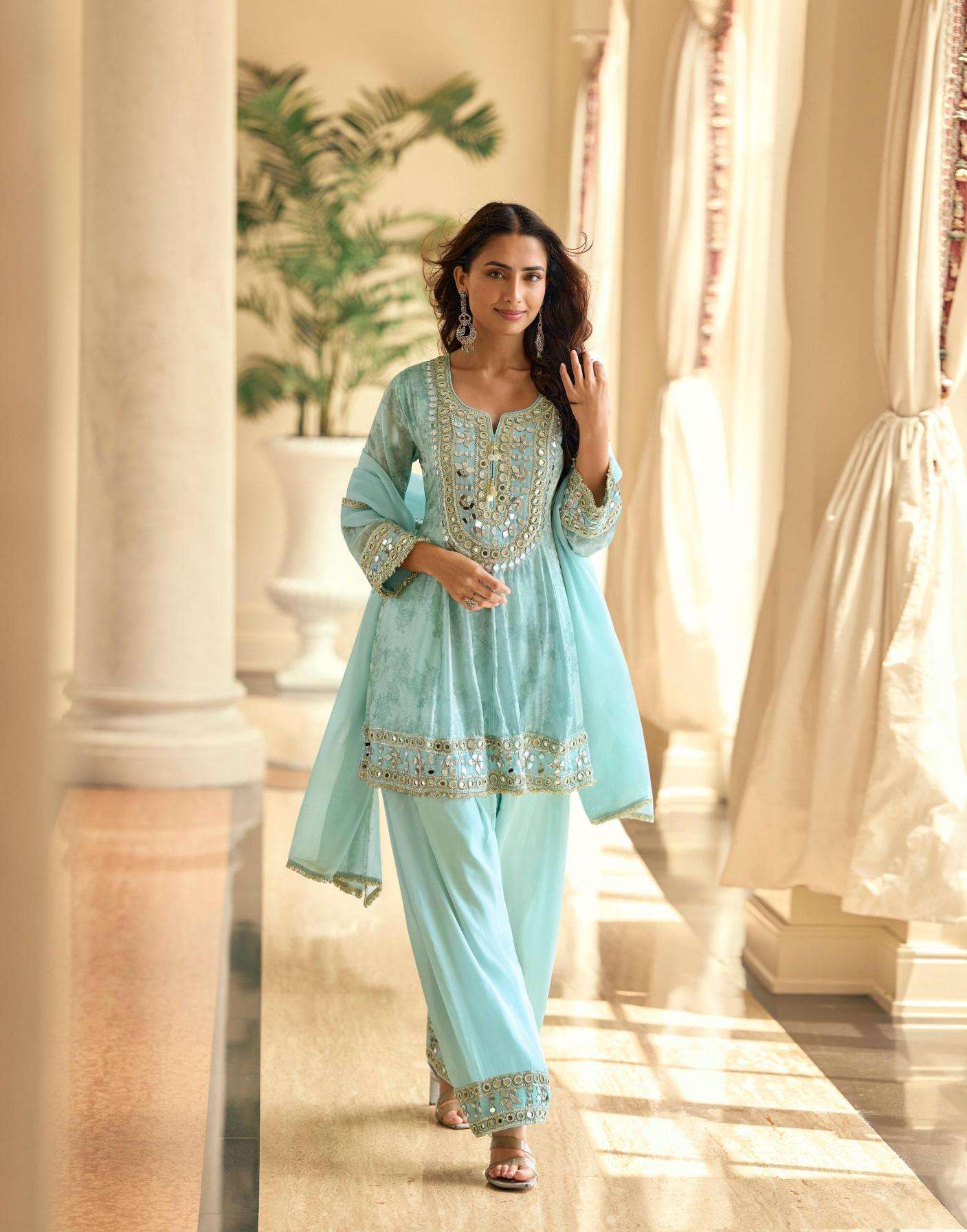 Sayuri Designer Presents Mirror Simar Silk Readymade Premium Plazzo Salwar Suits Catalog Wholesaler And Exporter 
