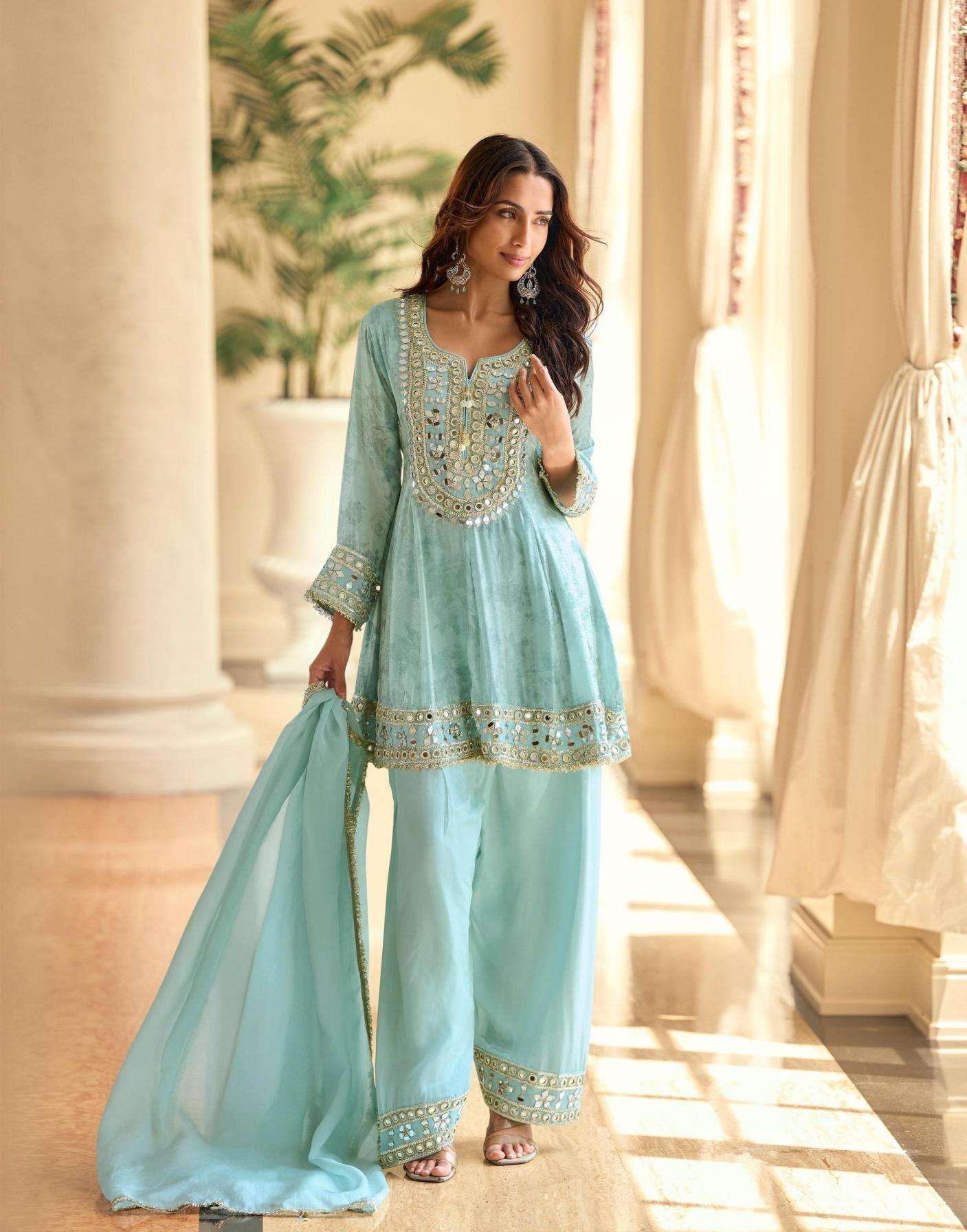 Sayuri Designer Presents Mirror Simar Silk Readymade Premium Plazzo Salwar Suits Catalog Wholesaler And Exporter 