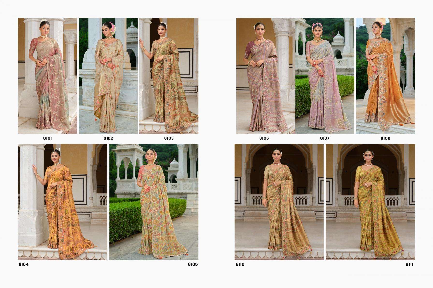 tathastu presents anaara 8101-8111 zari silk khatli work party wear sarees catalog wholesarler and exporters in surat 