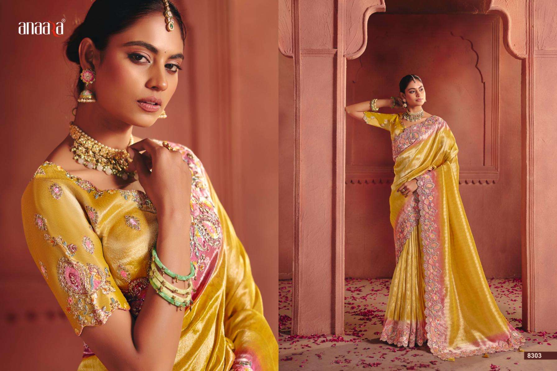 tathastu presents anaara 8301-8312 zari silk attractive look wedding wear sarees catalog wholesaler and exporter in surat