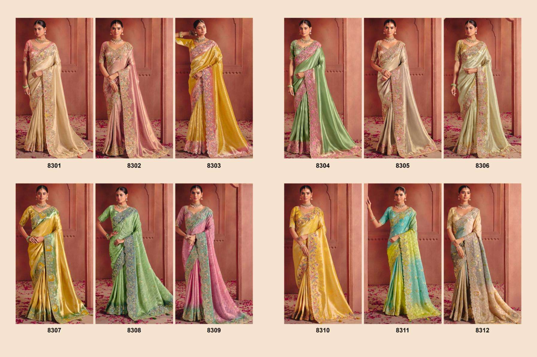 tathastu presents anaara 8301-8312 zari silk attractive look wedding wear sarees catalog wholesaler and exporter in surat
