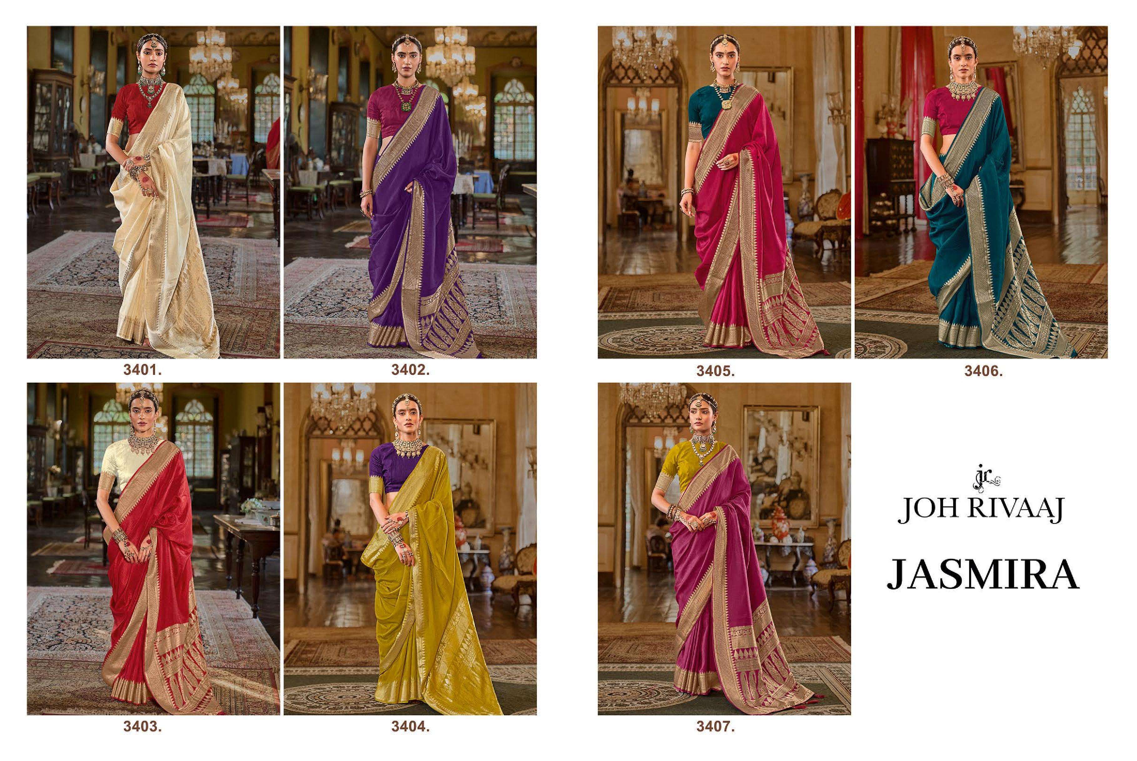 JOH RIVAAJ PRESENTS JASMIRA 3401 TO 3407 BOLLYWOOD STYLE PARTYWEAR SAREES CATALOG WHOLESALER AND EXPORTERS IN SURAT