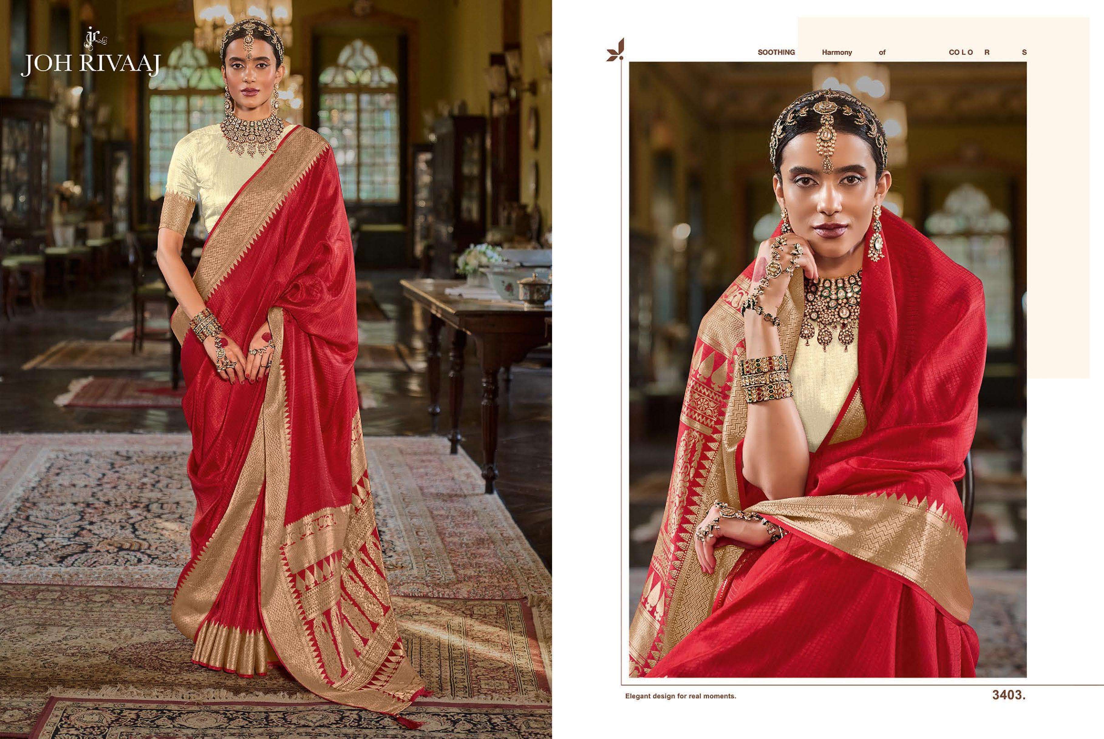 JOH RIVAAJ PRESENTS JASMIRA 3401 TO 3407 BOLLYWOOD STYLE PARTYWEAR SAREES CATALOG WHOLESALER AND EXPORTERS IN SURAT