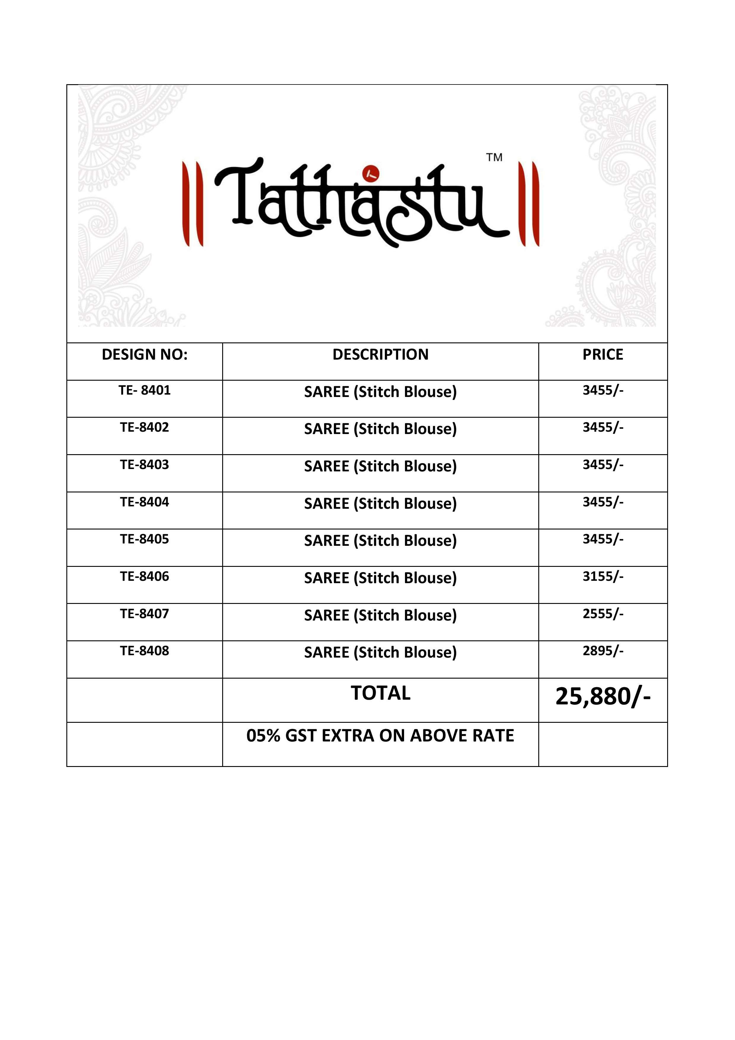 TATHASTU PRESENTS ANAARA 8400 SERIES BEAUTIFUL DESINGER PARTYWEAR SAREES CATALOG WHOLESALER AND EXPORTERS