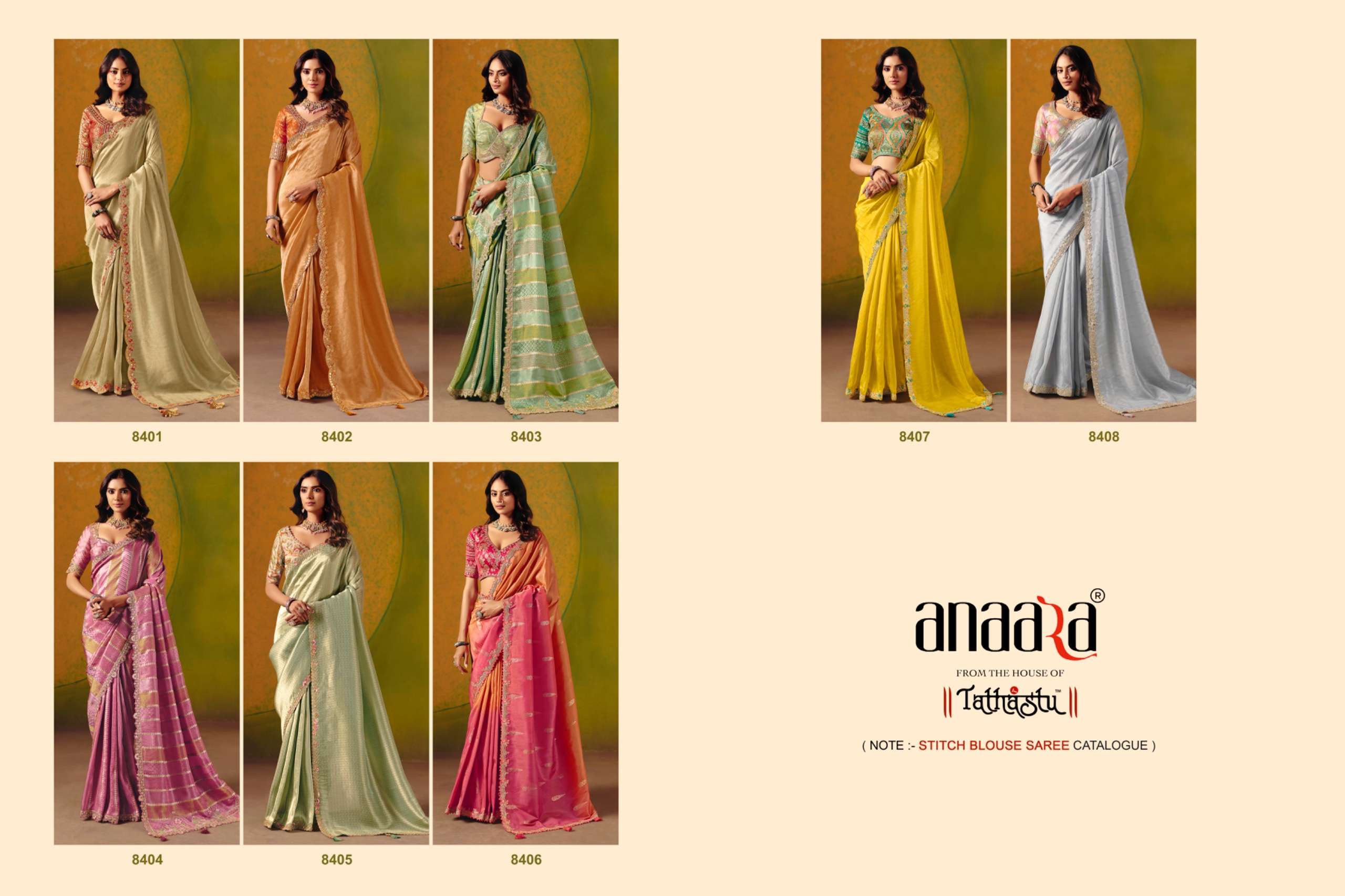 TATHASTU PRESENTS ANAARA 8400 SERIES BEAUTIFUL DESINGER PARTYWEAR SAREES CATALOG WHOLESALER AND EXPORTERS