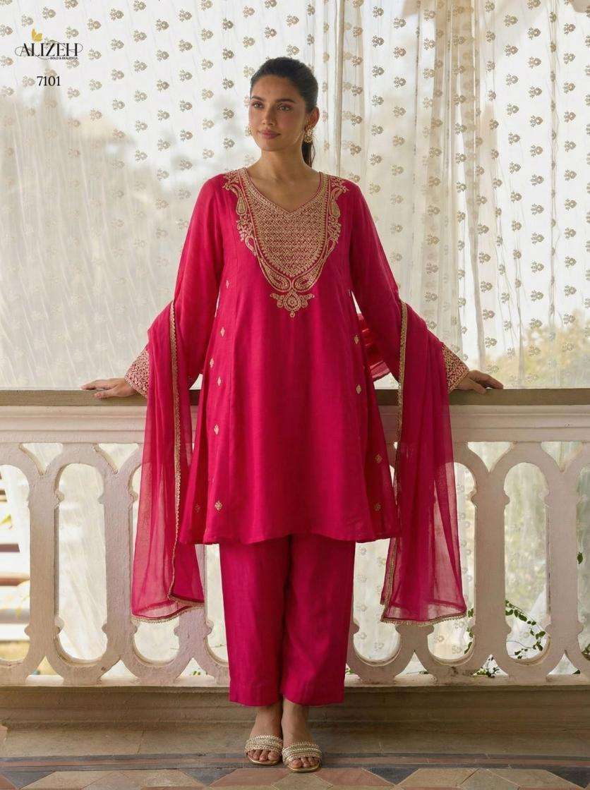 Alizeh Presents 7099-7101 Cotton Silk Readymade Pakistani Kurti Pant With Dupatta Catalog Wholesaler And Exporter 