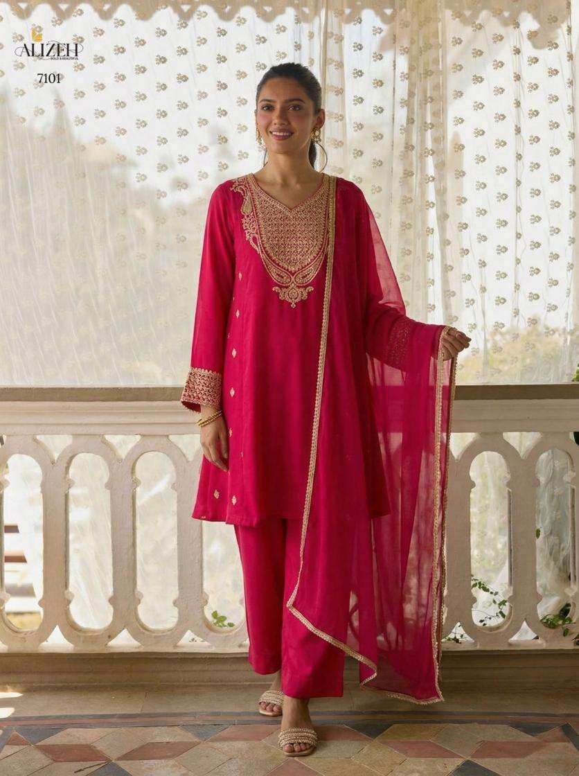 Alizeh Presents 7099-7101 Cotton Silk Readymade Pakistani Kurti Pant With Dupatta Catalog Wholesaler And Exporter 
