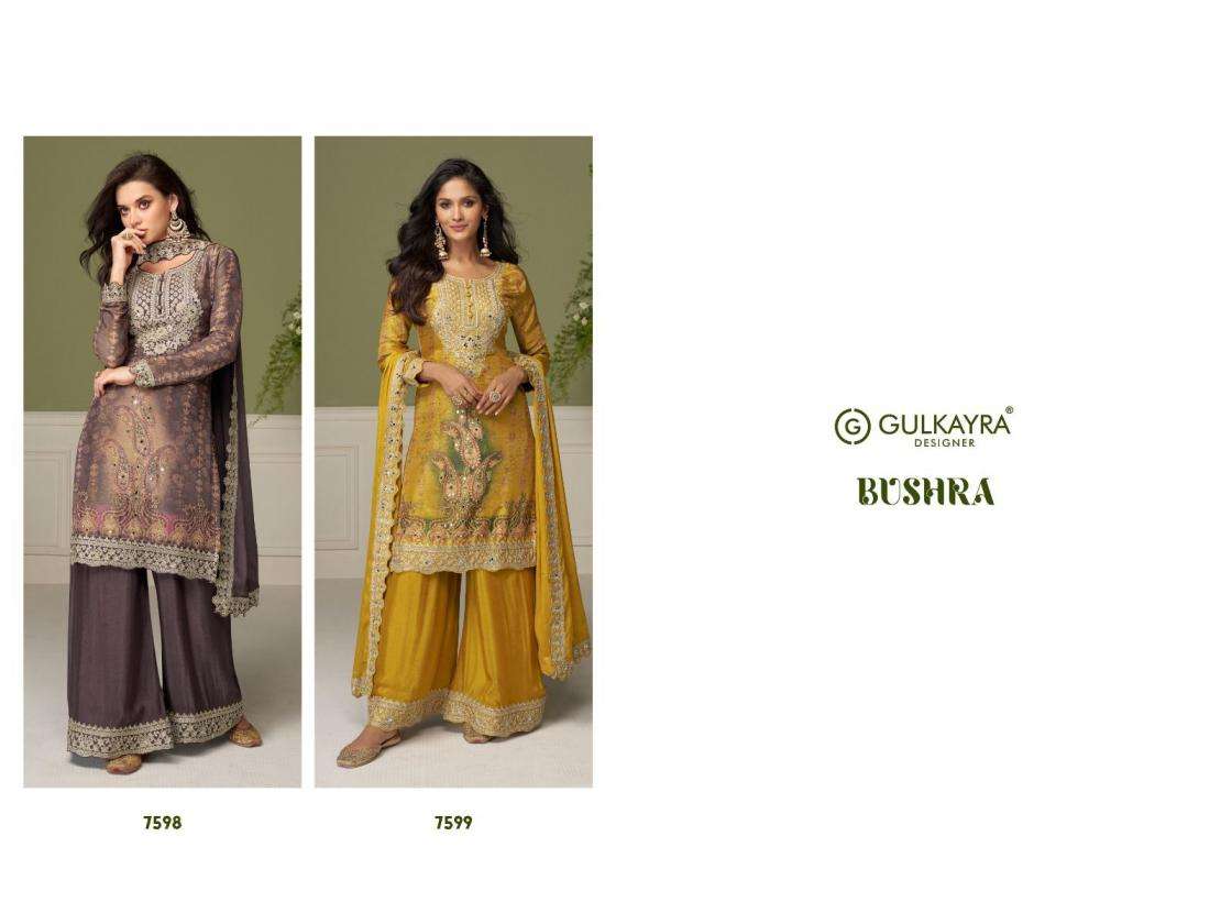 Gulkayra Designer Presents Bushra Chinon Fully Stitch Plazzo Style Suits Catalog Wholesaler And Exporter 