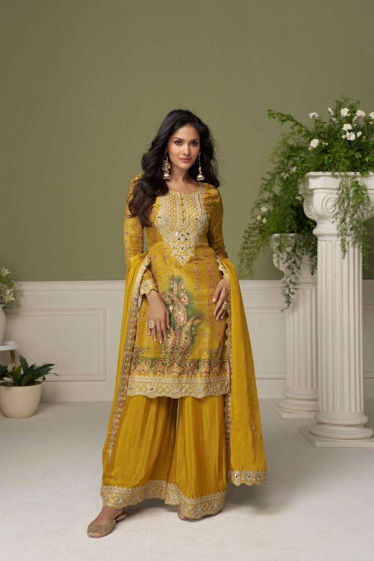 Gulkayra Designer Presents Bushra Chinon Fully Stitch Plazzo Style Suits Catalog Wholesaler And Exporter 