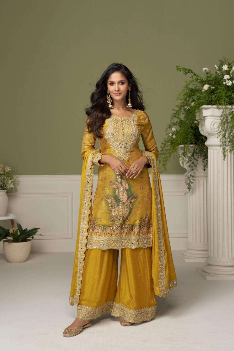 Gulkayra Designer Presents Bushra Chinon Fully Stitch Plazzo Style Suits Catalog Wholesaler And Exporter 