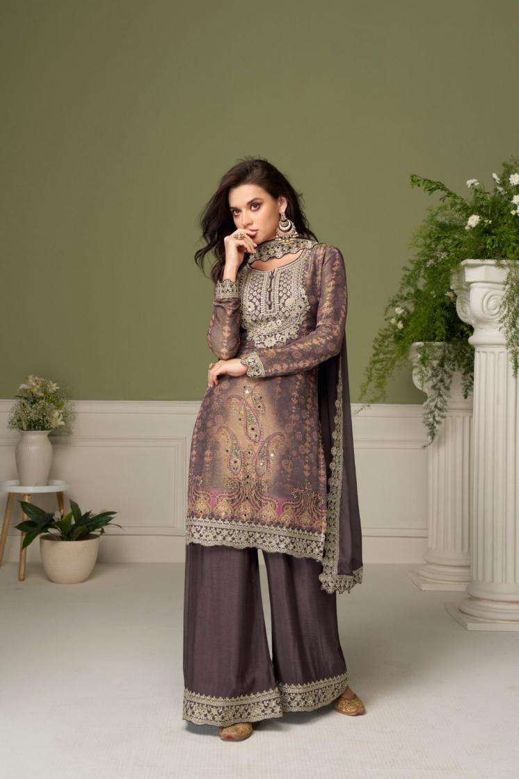 Gulkayra Designer Presents Bushra Chinon Fully Stitch Plazzo Style Suits Catalog Wholesaler And Exporter 