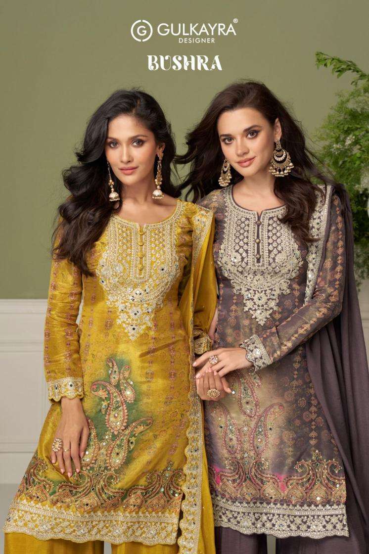 Gulkayra Designer Presents Bushra Chinon Fully Stitch Plazzo Style Suits Catalog Wholesaler And Exporter 