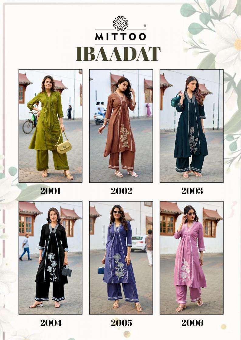 mittoo presents ibaadat readymade rayon thread work co-ord set catalog