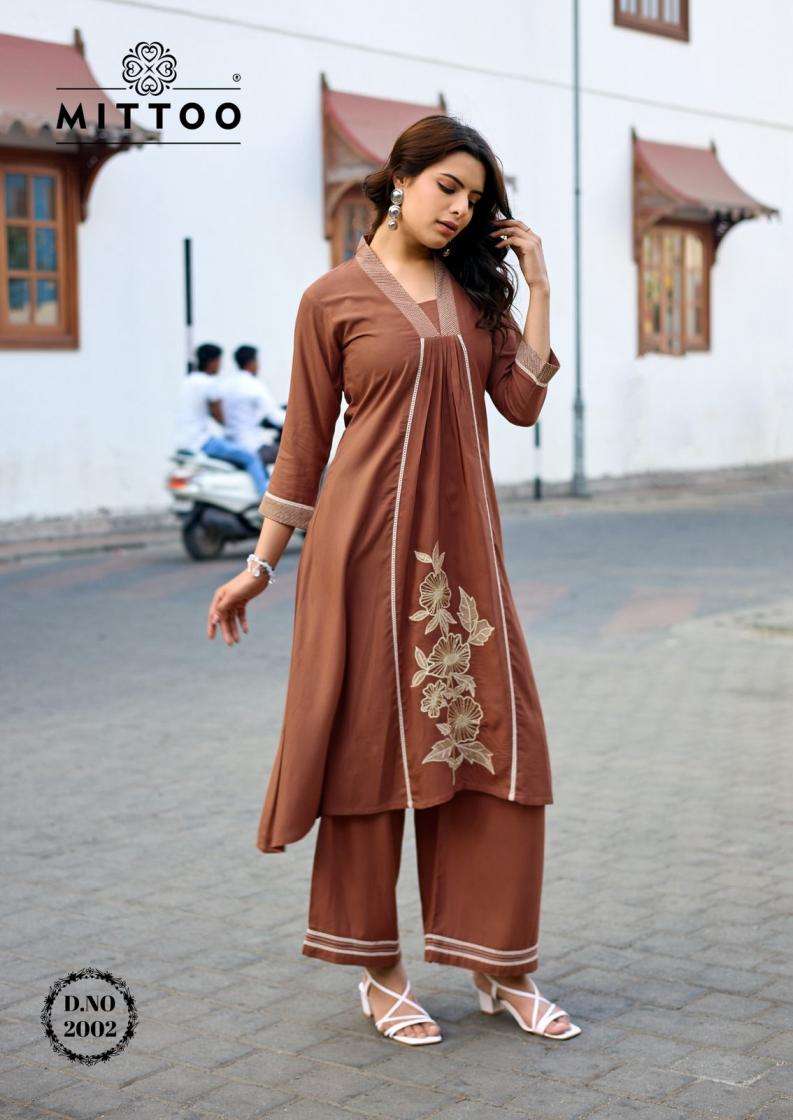 mittoo presents ibaadat readymade rayon thread work co-ord set catalog