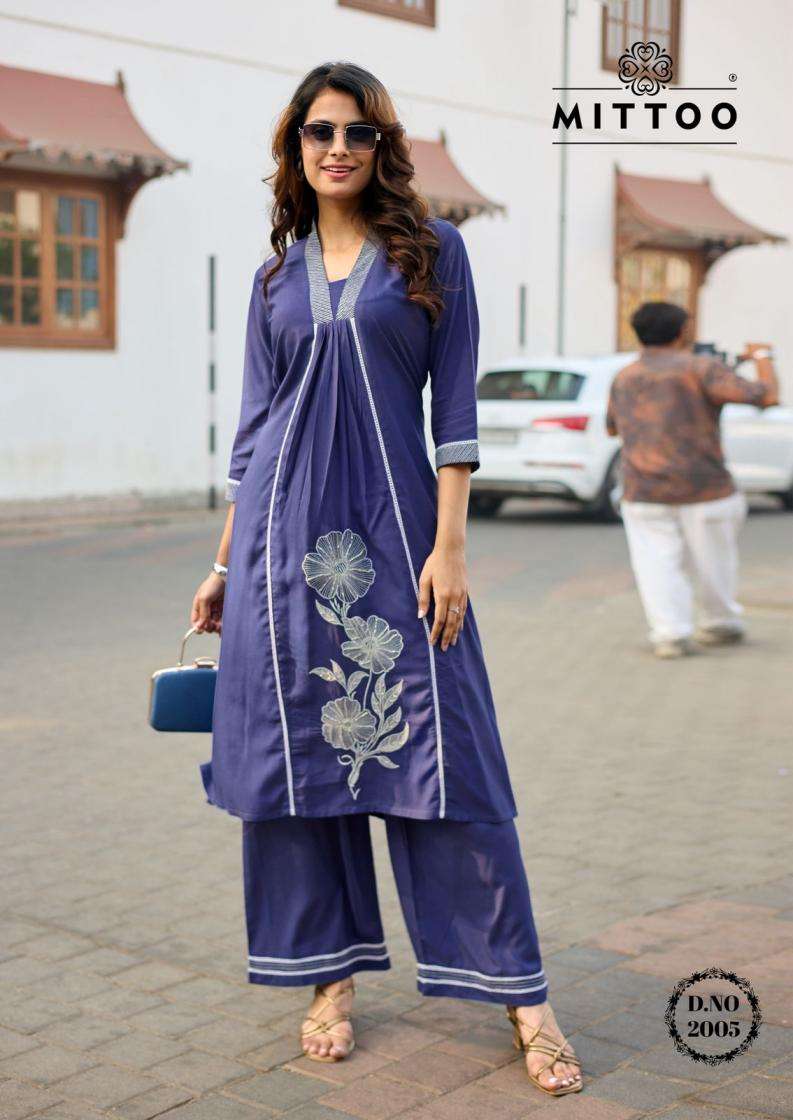 mittoo presents ibaadat readymade rayon thread work co-ord set catalog