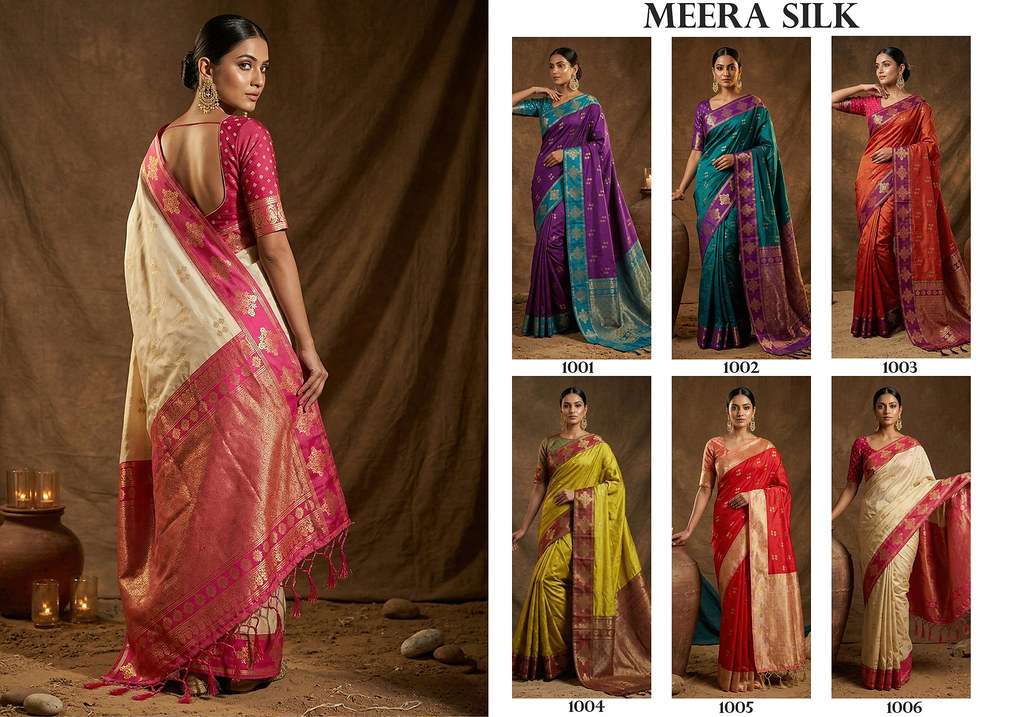astita presents Meera Silk Soft Silk With Contrast Border And Pallu Zari Work sarees catalog wholesaler and exportersSoft Silk With Contrast Border And Pallu Zari Work