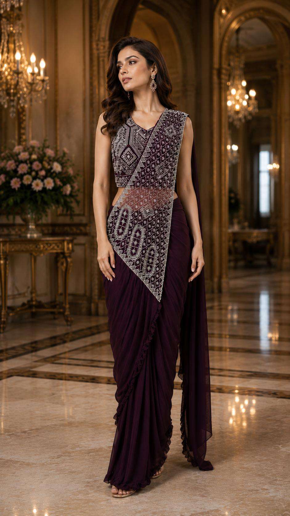 AMOHA 102435 COLOUR HEAVY DESIGNER READYMADE BLOUSE AND ONE MINUTES SAREES CATALOG WHOLESALER AND EXPORTERS