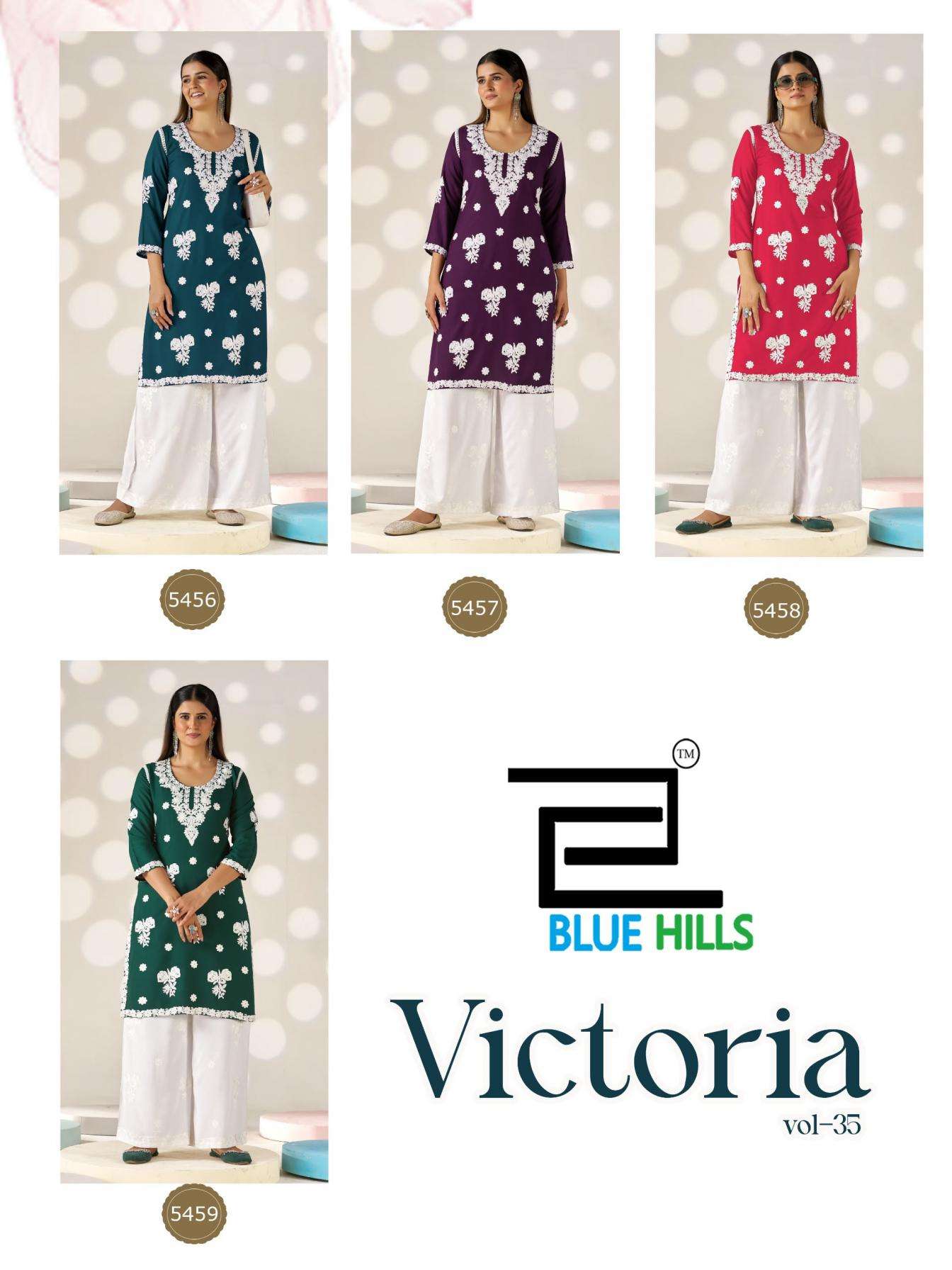 blue hills victoria vol 35 rayon full stitch embroided big size combo kurti with plazzo