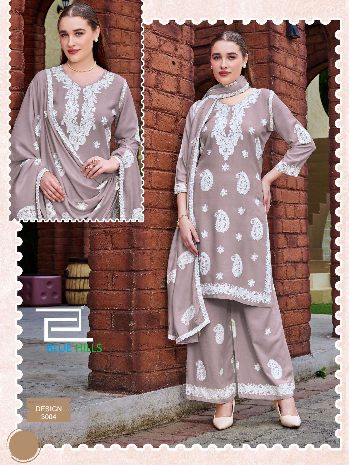 blue hills firdose readymade rayon white thread work combo big size plazzo suit