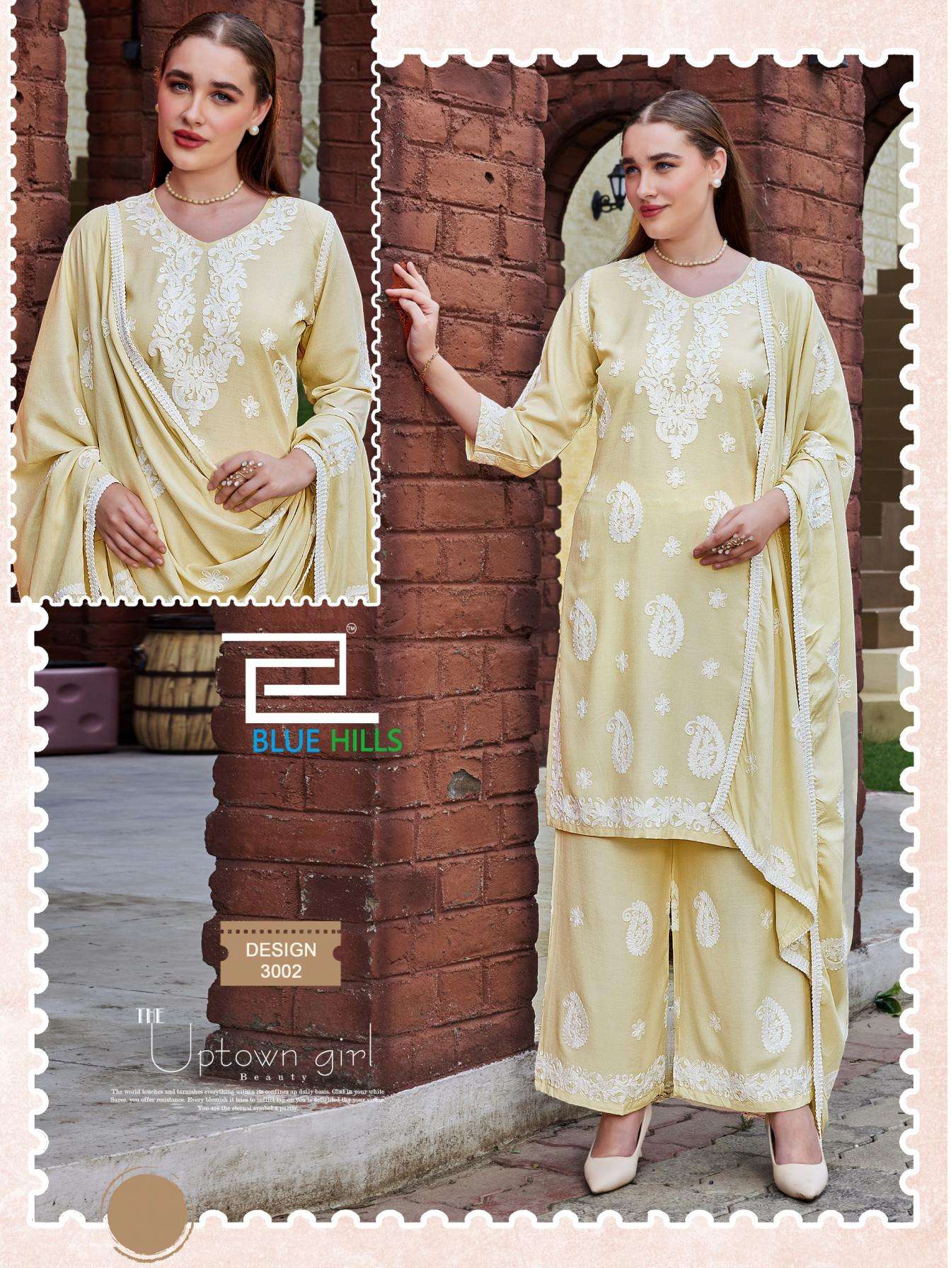 blue hills firdose readymade rayon white thread work combo big size plazzo suit