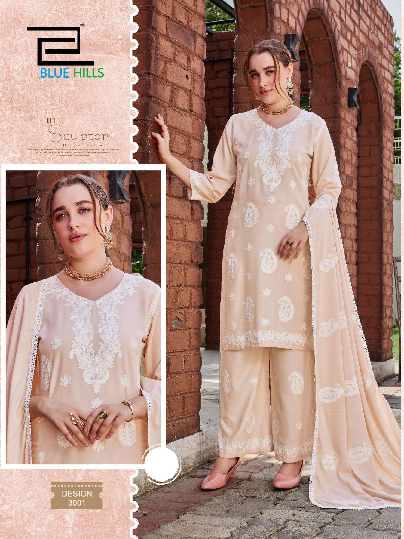 blue hills firdose readymade rayon white thread work combo big size plazzo suit