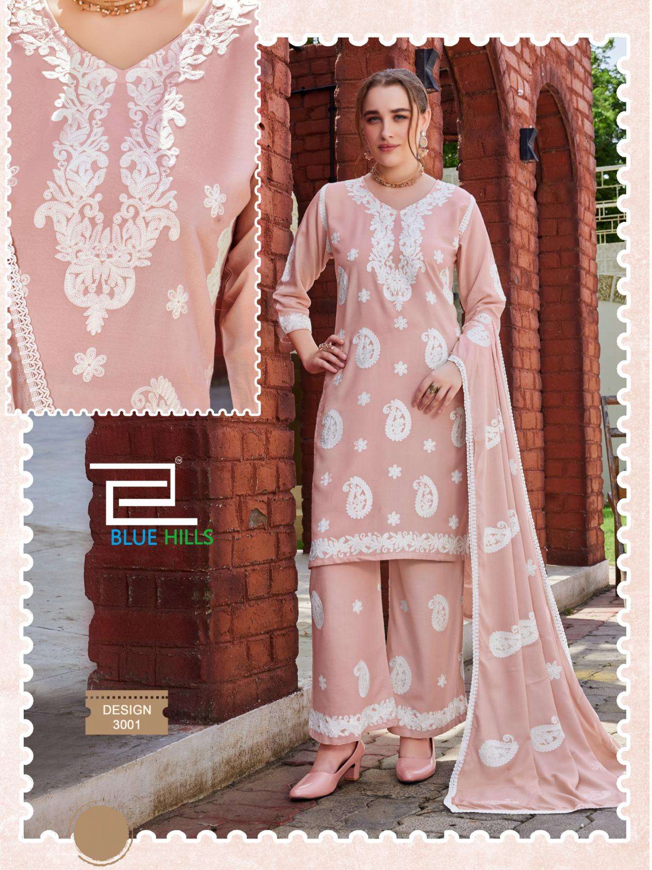 blue hills firdose readymade rayon white thread work combo big size plazzo suit