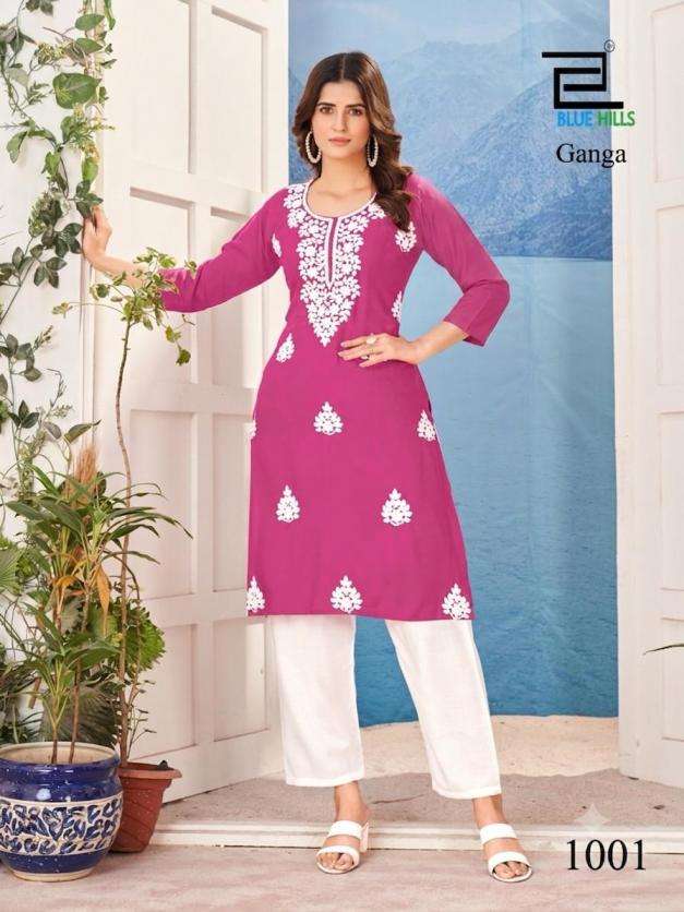 blue hills ganga rayon white embroidery work full stitch plus size combo long kurtis