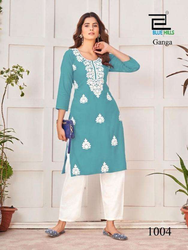 blue hills ganga rayon white embroidery work full stitch plus size combo long kurtis
