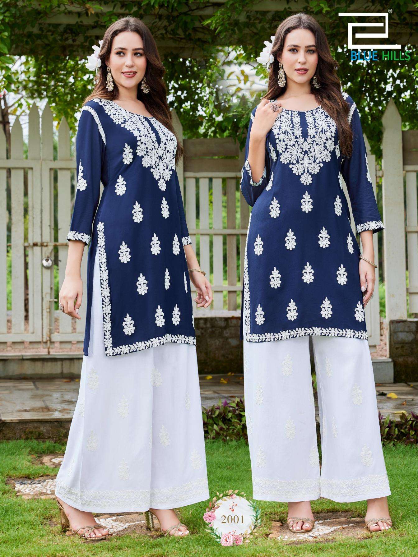 blue hills messi vol 3 full stitch rayon thread work combo plus size kurti with plazzo