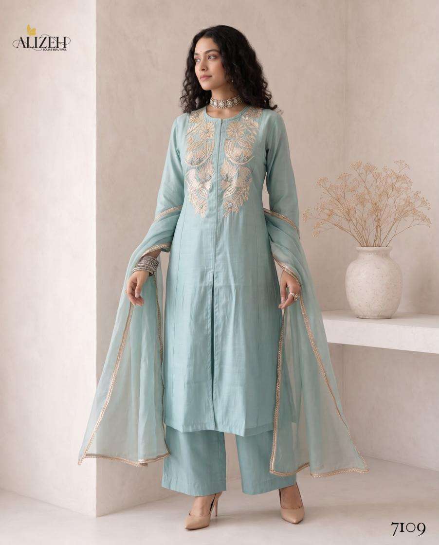 Alizeh Presents 7106-7109 Roman Silk A-Line Anarkali Style Readymade Festive Wear Dress Catalog Wholesaler And Exporter In Surat 