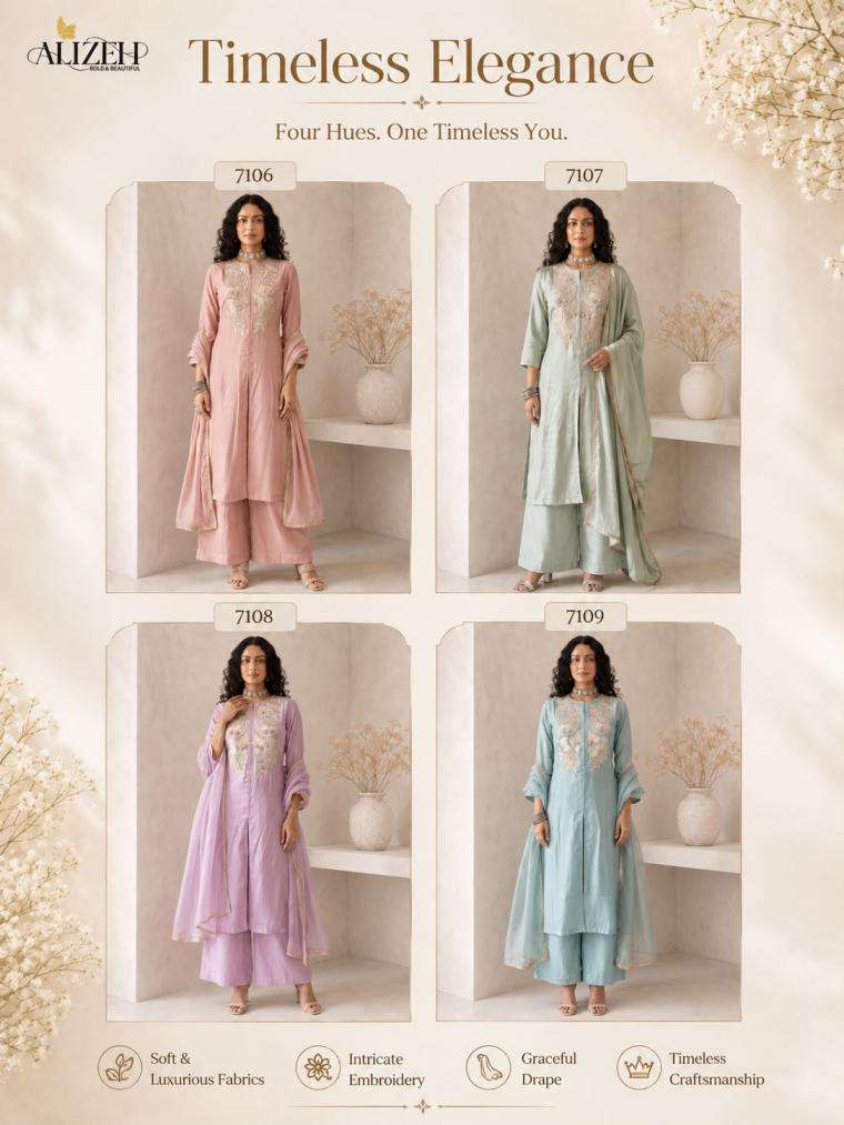 Alizeh Presents 7106-7109 Roman Silk A-Line Anarkali Style Readymade Festive Wear Dress Catalog Wholesaler And Exporter In Surat 