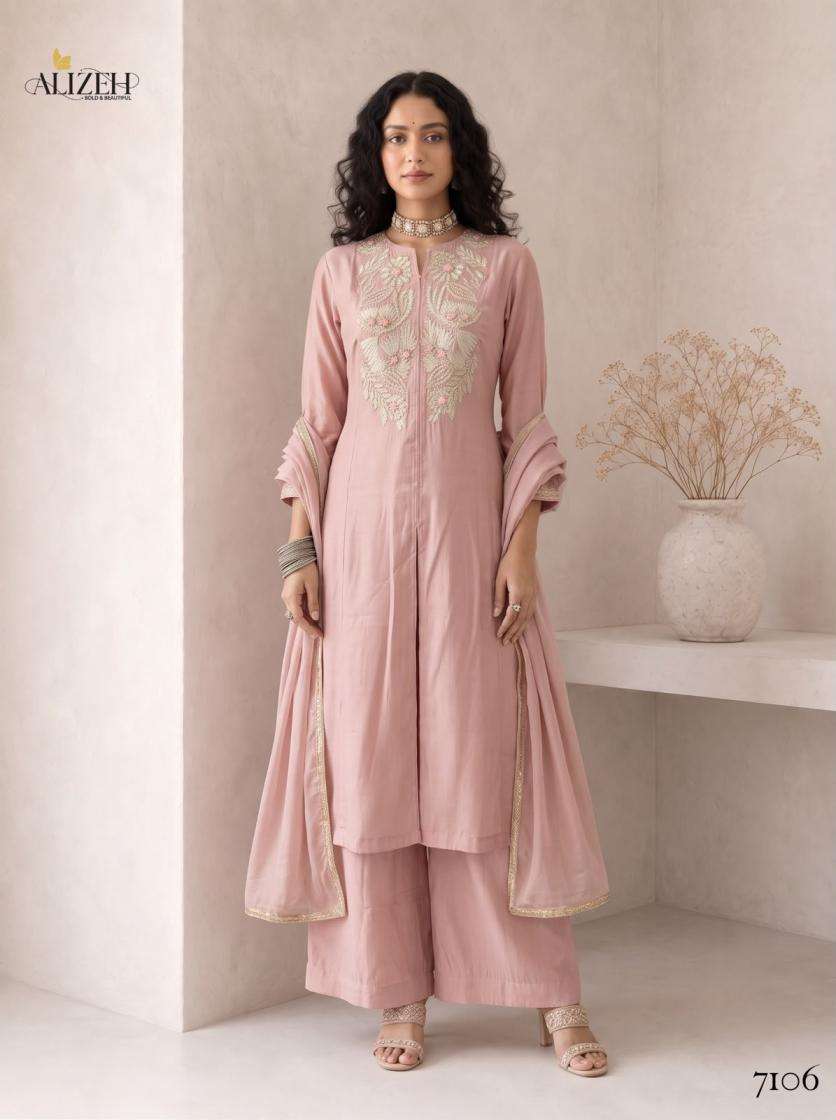 Alizeh Presents 7106-7109 Roman Silk A-Line Anarkali Style Readymade Festive Wear Dress Catalog Wholesaler And Exporter In Surat 
