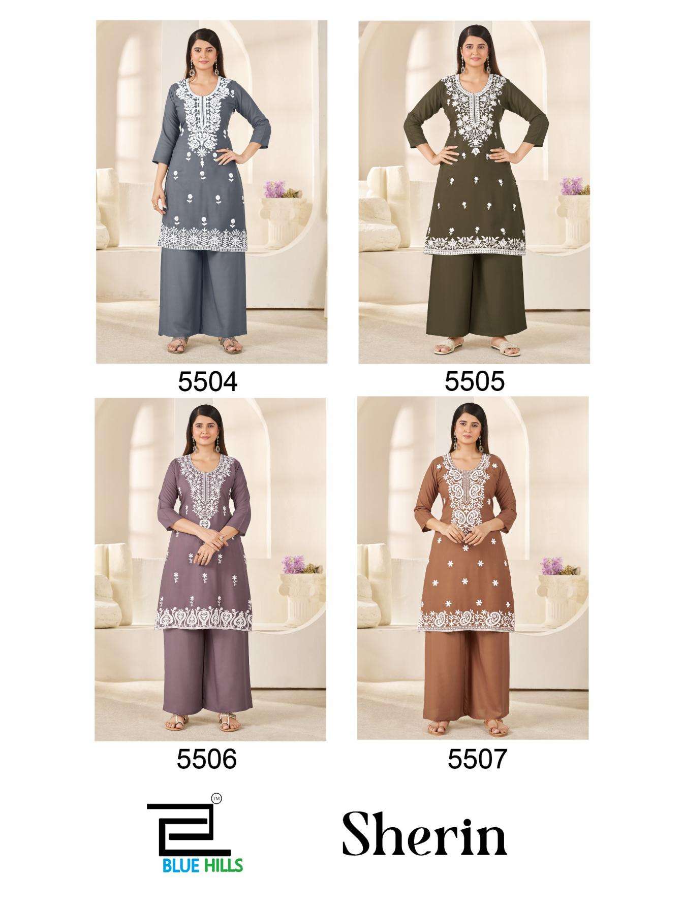 blue hills sherin full stitch rayon white thread work combo big size kurti with plazzo