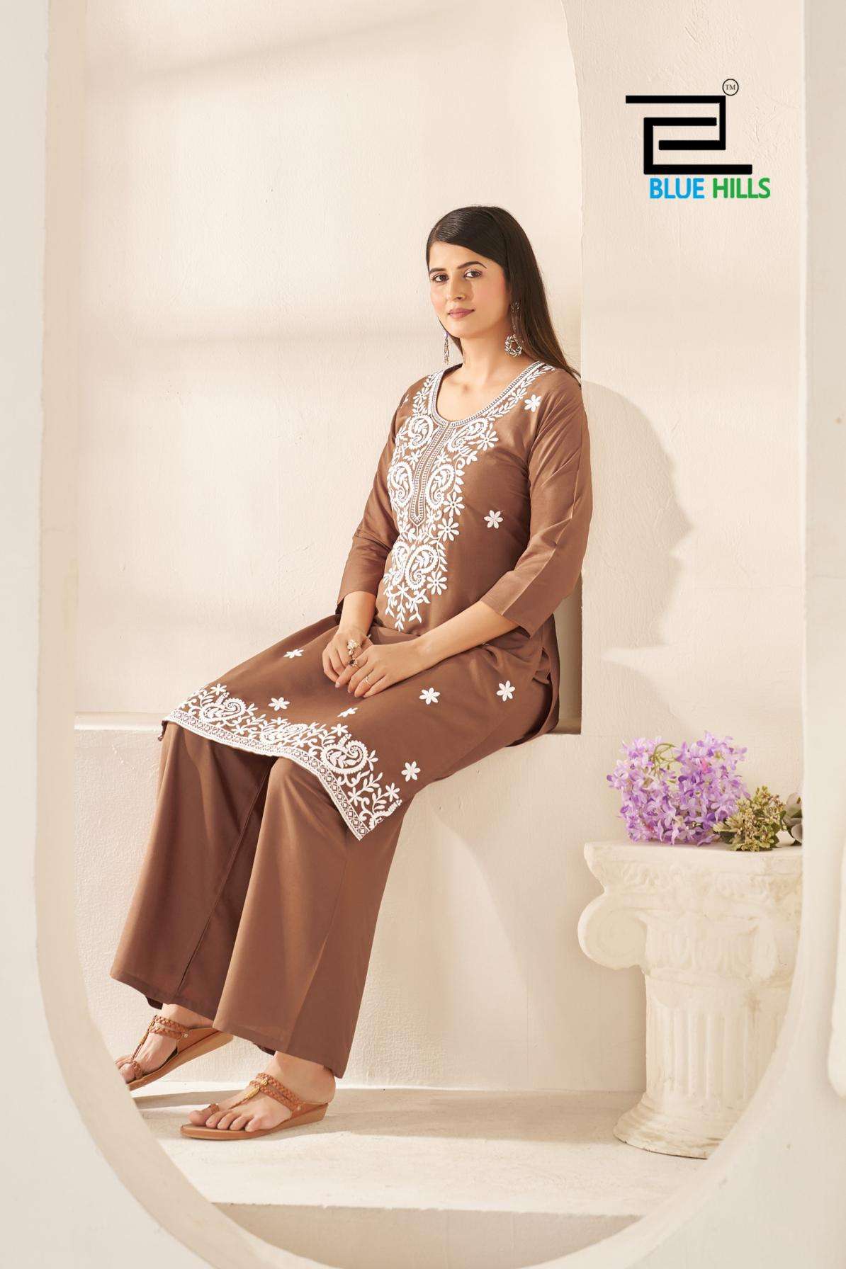 blue hills sherin full stitch rayon white thread work combo big size kurti with plazzo