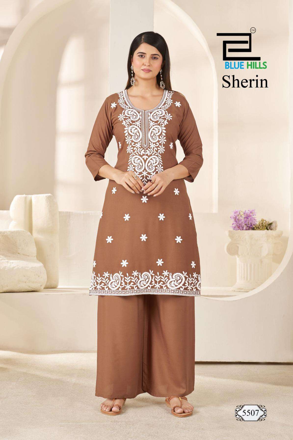 blue hills sherin full stitch rayon white thread work combo big size kurti with plazzo