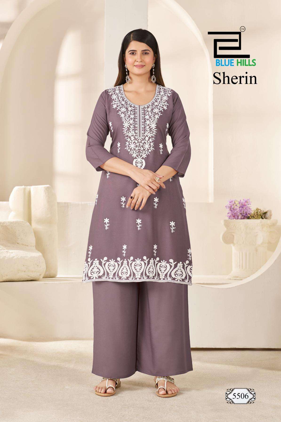 blue hills sherin full stitch rayon white thread work combo big size kurti with plazzo