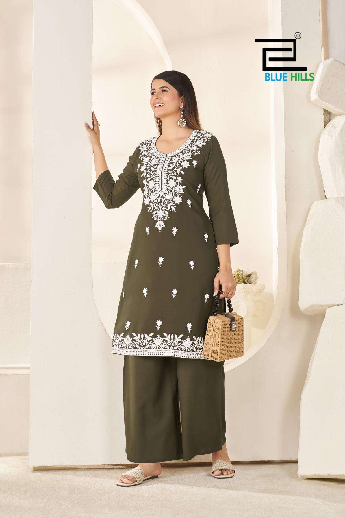 blue hills sherin full stitch rayon white thread work combo big size kurti with plazzo