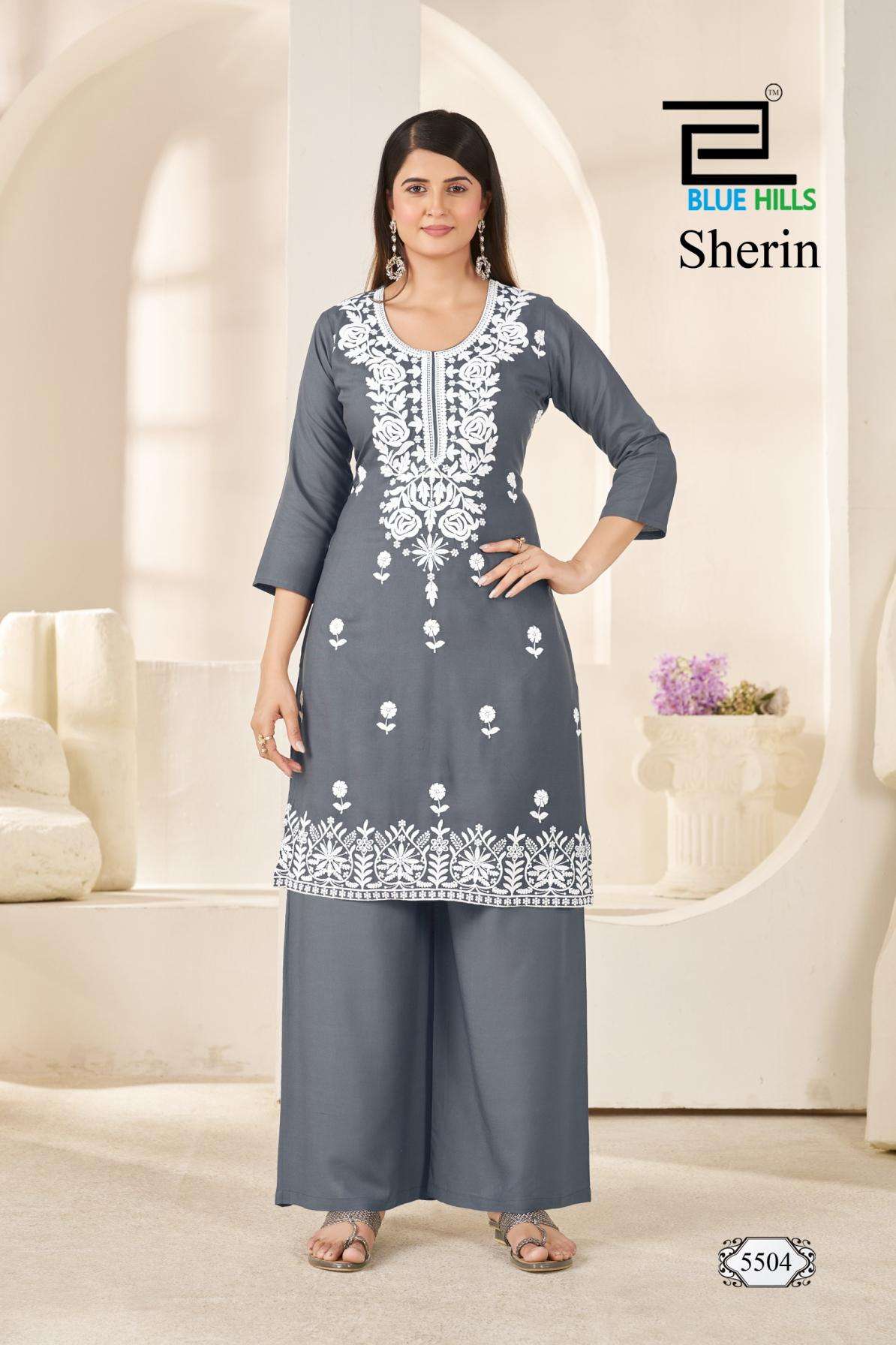 blue hills sherin full stitch rayon white thread work combo big size kurti with plazzo