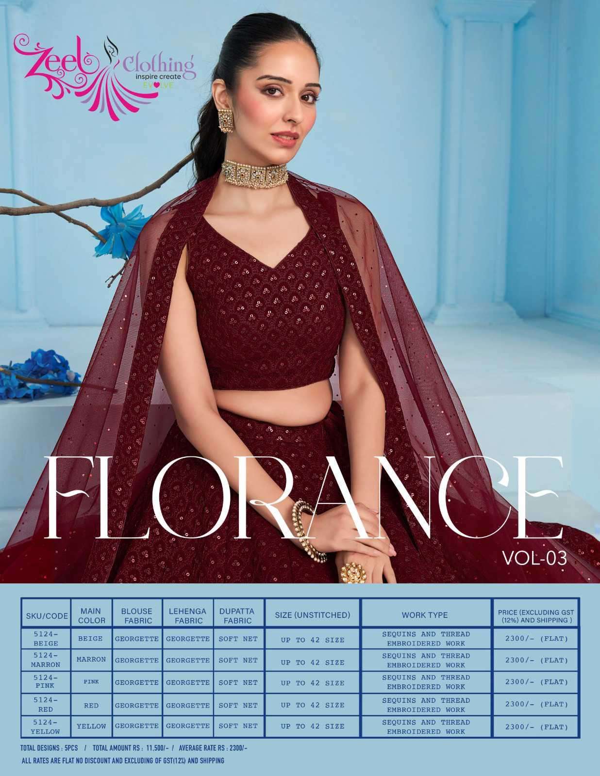 Zeel Clothing Florance Vol 3 5124 Colors Fancy Wedding Lehenga Collection At Wholesale