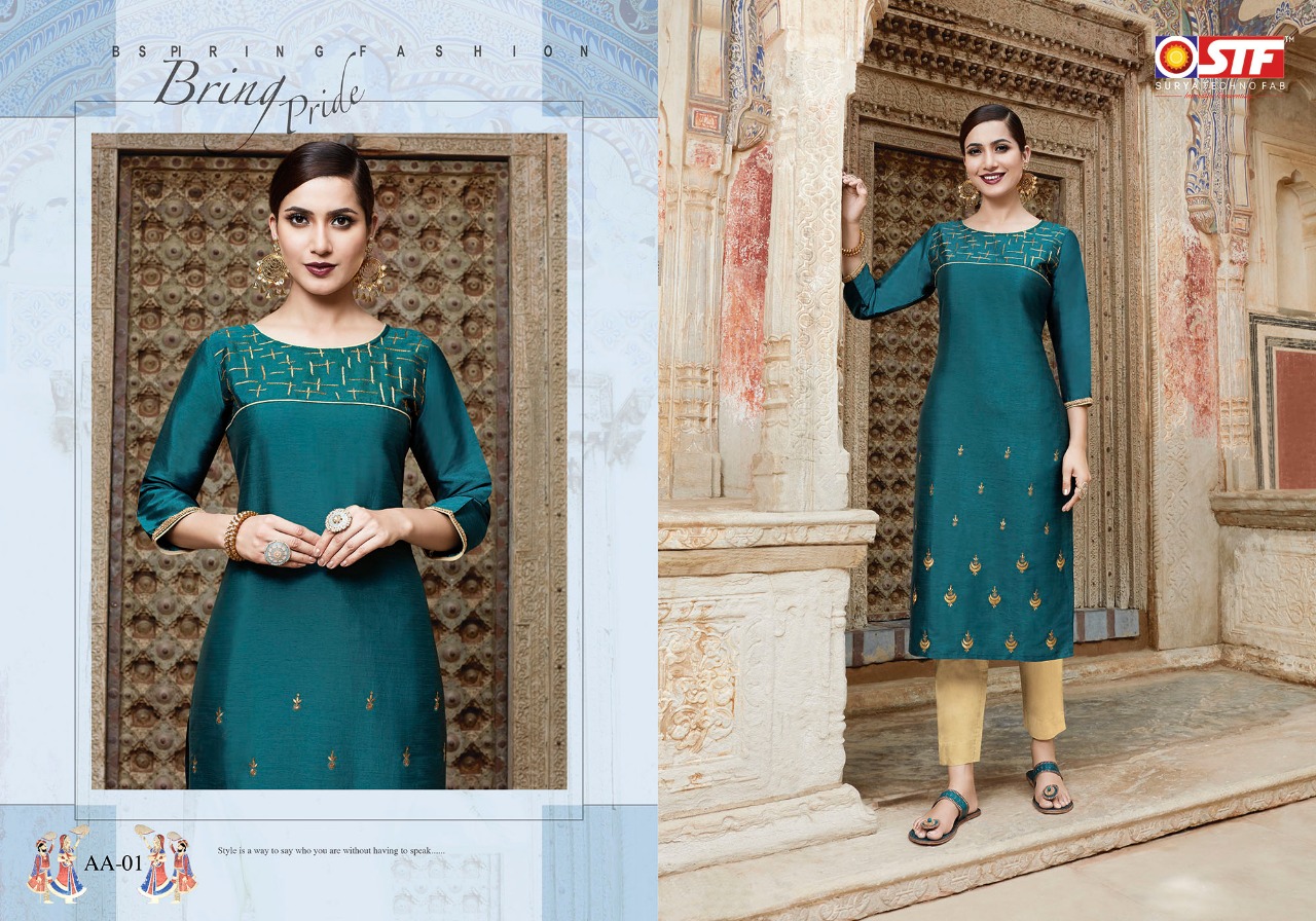 Stf Presents Aakruti Straight Silk Based Embroidered Kurti With Pants Collection